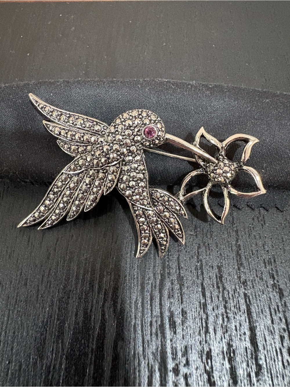 Avon Rhinestone Hummingbird Brooch with Flower Accent